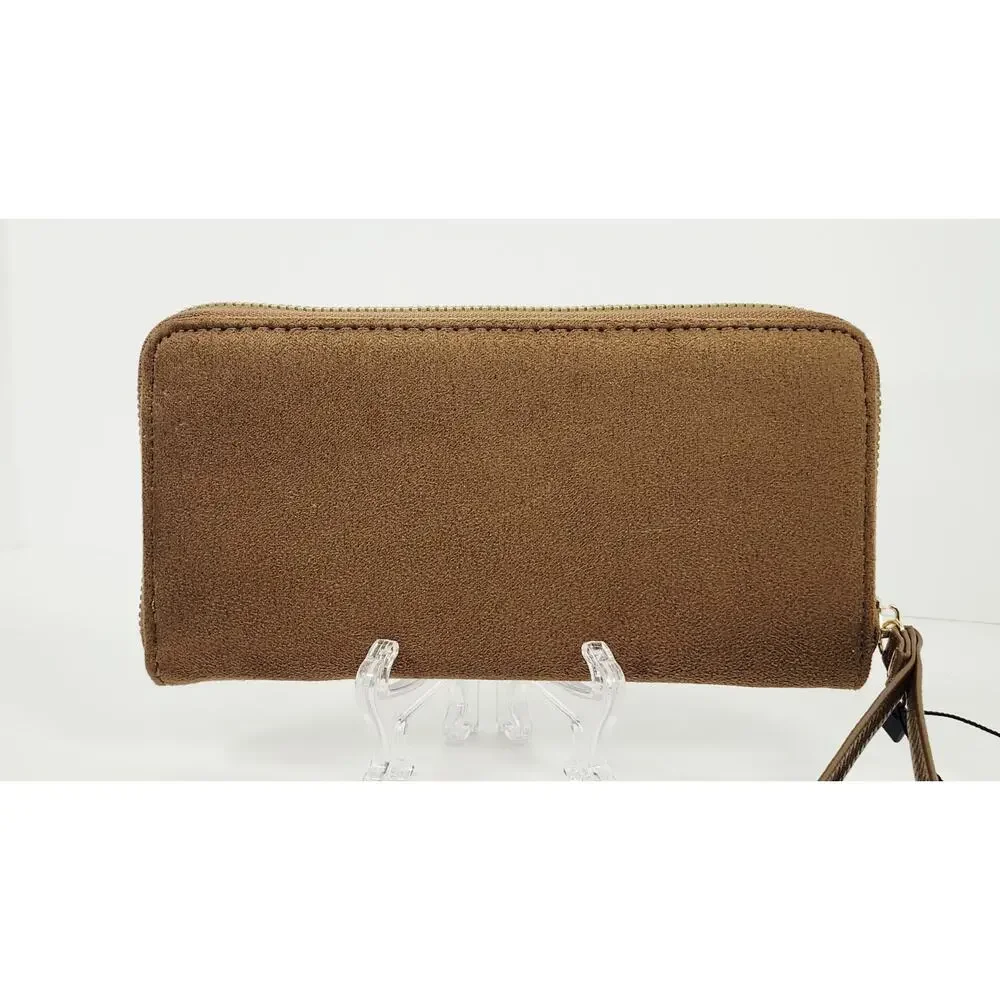 Badgley Mischka Tan Brown Suede Zip Around Wristlet Continental Wallet NWT